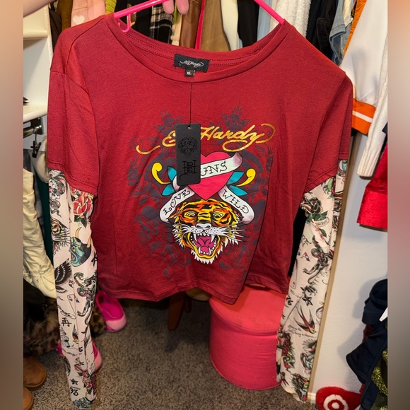 Ed Hardy Tops - Ed Hardy Maroon Graphic Long Sleeve Shirt